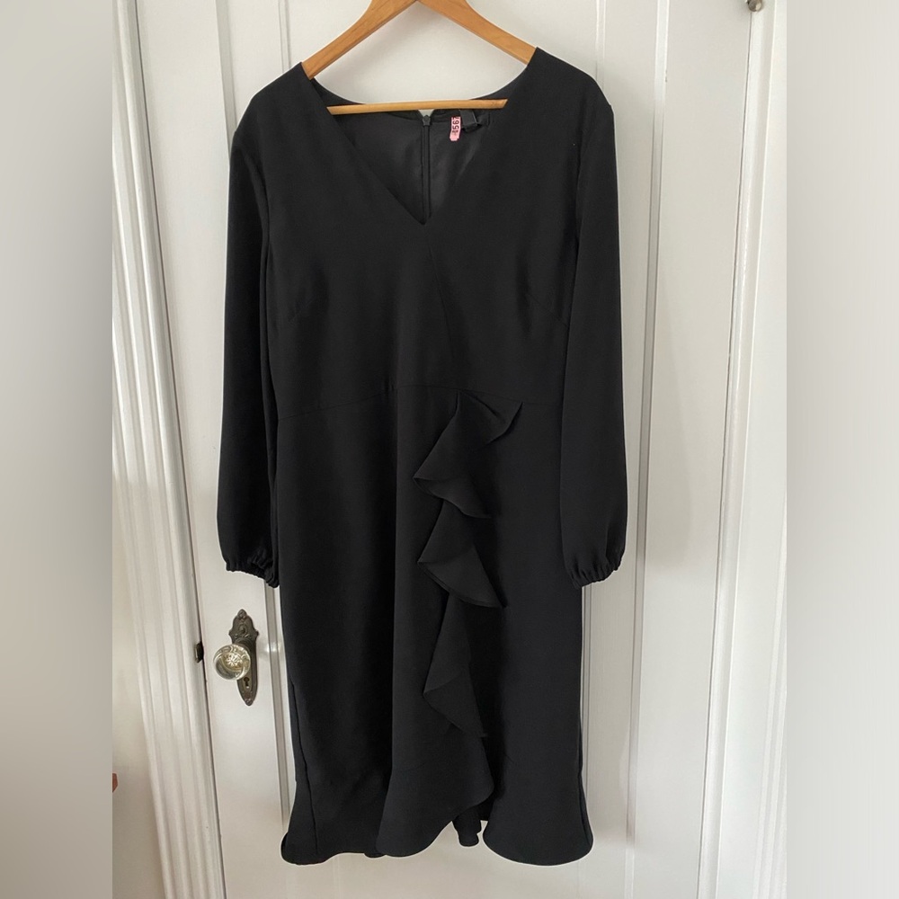 J. Crew Black V neck drapey ruffle front dress with flounce hem. Size 14 T.